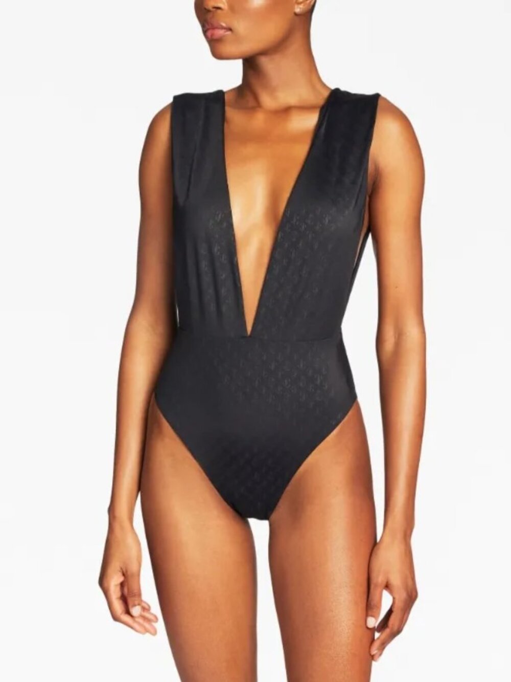 NWT Jimmy Choo Kosma Black JC Monogram Plunge One-Piece Swimsuit – Size 40
